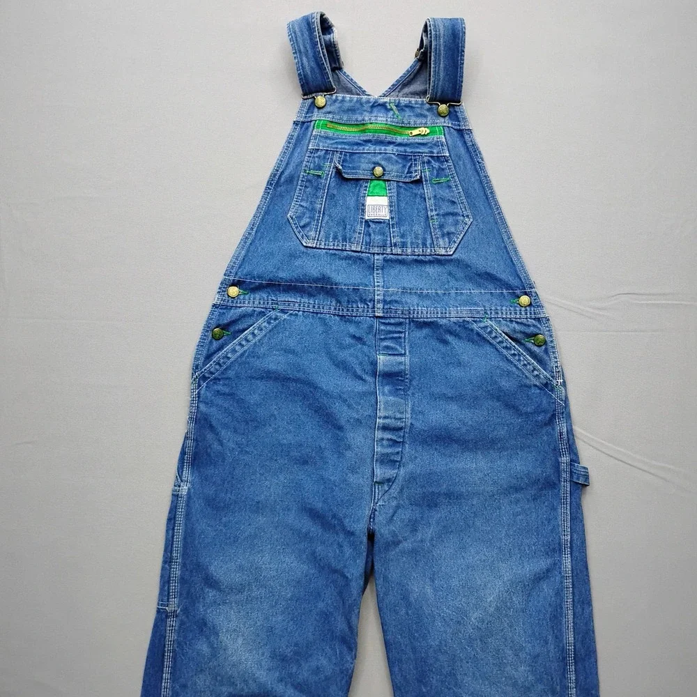Liberty Overalls Mens 38x32 Blue Denim Green Zip Bib USA Workwear Vintage